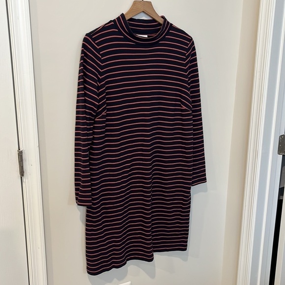 J Jill Mock Neck Striped Knit T Shirt Dress Navy Pink Comfy Dress POCKETS Size L - Picture 7 of 8